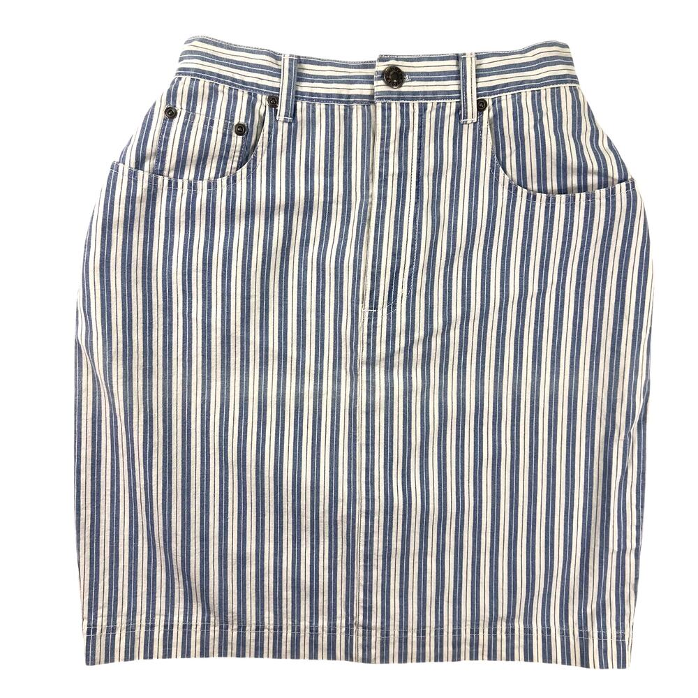Vintage 90s NY Line Stripe Denim Skirt Womens 6 Blue White Cotton Knee Length